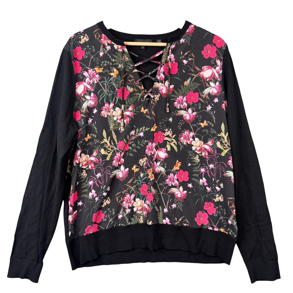 Ted Baker London Black Floral Lace Up Mixed Media Sweater Size 4 US 10 Large